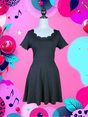 Unique Vintage Smak Parlour Retro Black Scalloped Short Sleeve Swing Dress XL
